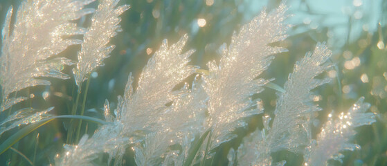 Poster - Dew-covered grass glistens under morning light, creating a serene nature atmosphere