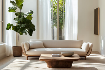 A modern minimalist living room with sleek furniture and neutral tones, featuring a Scandinavian-style sofa, a wooden coffee table, and a single large indoor plant in a bright