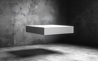 Poster - Floating white platform in dark room.