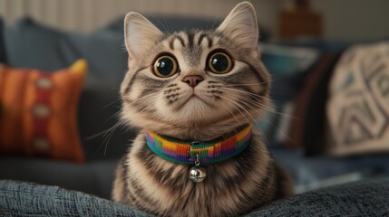 Poster - A cute fluffy cat with big round eyes wearing a colorful collar with a tiny bell, sitting comfortably on a couch, looking up curiously.