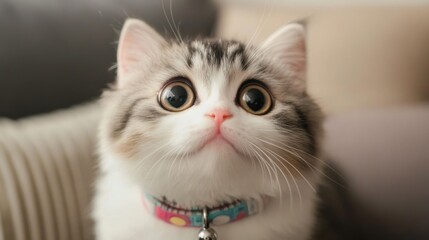 Poster - A cute fluffy cat with big round eyes wearing a colorful collar with a tiny bell, sitting comfortably on a couch, looking up curiously.