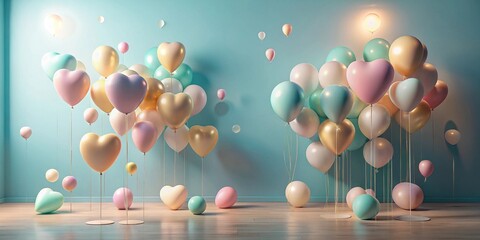 Poster - Pastel Heart Balloons Float in a Room with Light Teal Walls