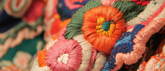 Aufkleber - Embroidered silk showcasing intricate colorful stitching and raised designs