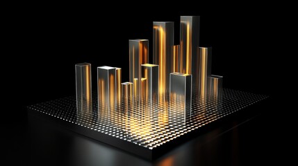 Poster - A dynamic D bar graph on a black background, with sleek metal bars, a glowing grid, and a futuristic feel, perfect for illustrating progress or trends.