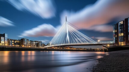 Fototapete - A dramatic view of a high-rise bridge against the night sky, with clouds illuminated by the city lights and the river glistening below