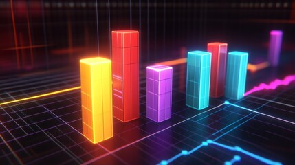 Fototapete - A dynamic D bar graph with glowing neon bars, showing data comparison in a high-tech setting with grid lines and axis markers.