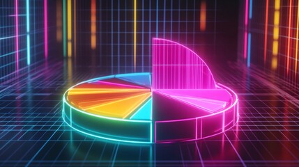 Poster - a dynamic d pie chart with glowing neon-colored slices, separated to emphasize individual data point