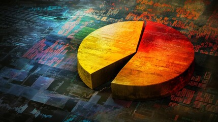 Aufkleber - A dynamic financial pie chart with segmented slices, showing investment portfolio allocation, overlaid on a digital background filled with stock market trends.