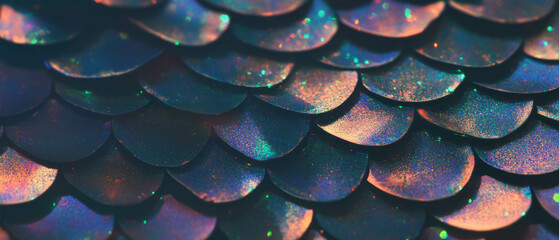 Poster - Intricate fish scale texture displaying metallic sheen and vibrant overlapping patterns