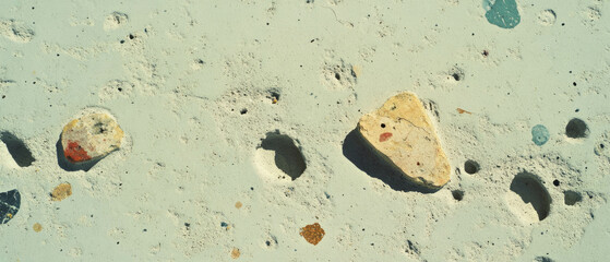 Poster - Detailed view of colorful footprints on textured sandy surface with unique patterns