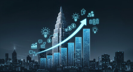 Poster - financial chart model with arrow on building background . Generative AI
