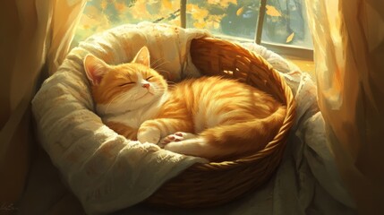 Poster - A fluffy, chubby cat curled up in a cozy basket, surrounded by soft blankets, basking in warm sunlight streaming through a window