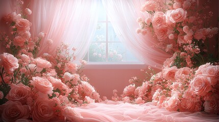 Poster - A pink floral backdrop, flowing tulle curtains, a window with white light shining through, a large flower garland on the floor and wall, soft pink roses everywhere, a romantic atmosphere.