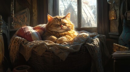 Poster - A fluffy, chubby cat curled up in a cozy basket, surrounded by soft blankets, basking in warm sunlight streaming through a window