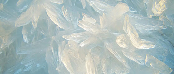 Poster - Frost patterns create delicate crystals on a shimmering icy surface in winter mornings