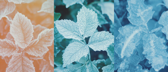 Aufkleber - Frost-covered leaves showcase intricate icy patterns during a cold morning in winter