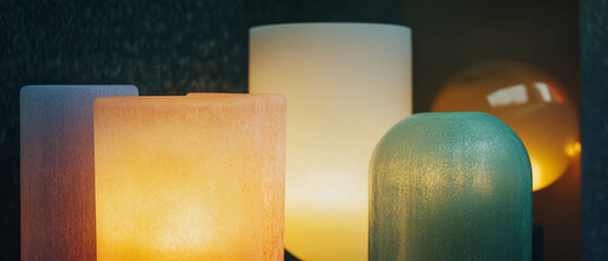 Poster - Frosted glass lamps illuminate space with soft glow and unique textures at evening
