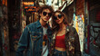 © whitestorm - Young couples showcase cutting-edge street fashion in vibrant urban alleyways adorned with art and boutiques