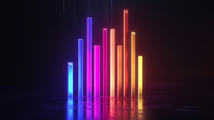 Fototapete - A high-tech bar chart featuring glowing neon bars, representing financial trends, set against a dark backdrop with floating data labels and percentage points.