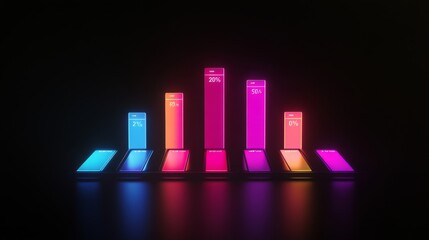 Poster - A high-tech bar chart featuring glowing neon bars, representing financial trends, set against a dark backdrop with floating data labels and percentage points.