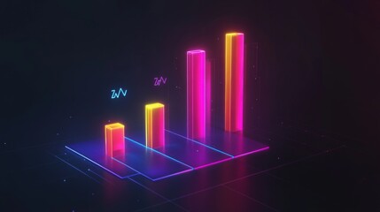 Poster - A high-tech bar chart featuring glowing neon bars, representing financial trends, set against a dark backdrop with floating data labels and percentage points.