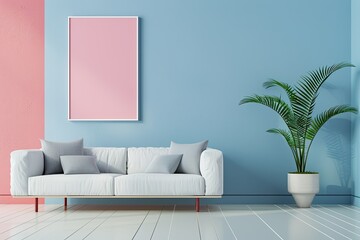 Wall Mural - A Room with a Couch and a Couch with a Pink and White Picture on the Wall