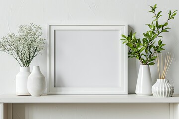 Wall Mural - Vibrant Image of a White Framed Picture on a Shelf with Plants and Vases