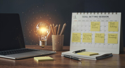 Poster - burning light bulb as a symbol of idea against the background of office supplies on the table . Generative AI
