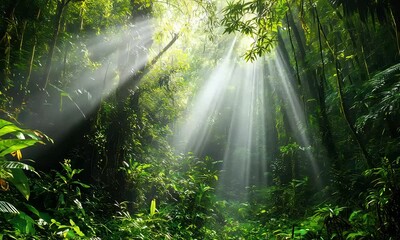 Wall Mural - Enchanting forest with sunlight filtering through vibrant green trees creating a tranquil atmosphere filled with natural beauty and serenity in a lush wilderness setting