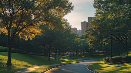 Poster - During the day, the foreground is a road and the background is a park in the city.
