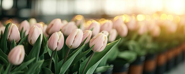 Wall Mural - Pastel spring idea. A beautiful row of pink tulips in a greenhouse at sunrise, showcasing nature's vibrance.