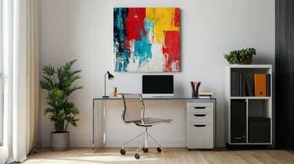 Poster - A modern minimalist office setup with a clear acrylic desk, minimalist chair, and an abstract piece of art on the wall, emphasizing simplicity and style