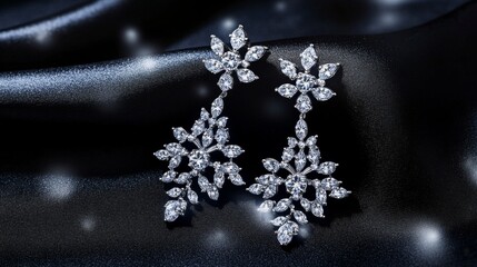 Poster - A pair of elegant chandelier diamond earrings showcased on a dark velvet cloth, with soft lighting creating dramatic shadows that enhance their beauty