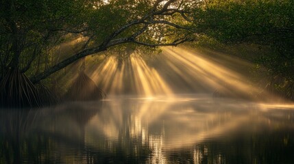 Poster - A peaceful scene of a mangrove forest during the early morning, with mist rising from the water and sunlight breaking through the tree canopy