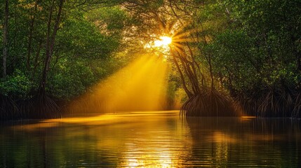 Poster - A picturesque mangrove landscape during sunset, with golden rays illuminating the trees and water, creating a tranquil and magical atmosphere