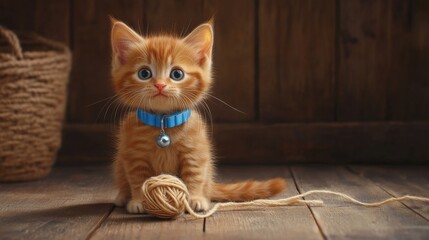 Poster - A playful ginger kitten wearing a bright blue collar, sitting on a wooden floor, with a ball of yarn tangled around its paws, looking mischievous and cute.