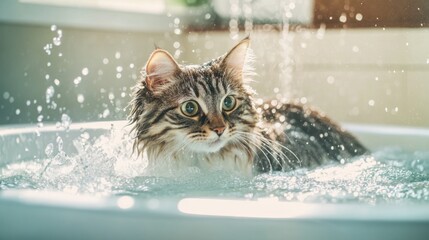 Poster - A playful image of a fluffy cat cautiously stepping into a bathtub filled with warm water, with splashes around, capturing the curiosity and hesitation of pets during bath time.