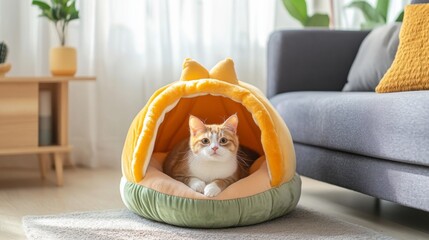 Poster - A plush, colorful cat bed shaped like a cave, placed in a cozy corner of a living room, inviting cats to snuggle and relax