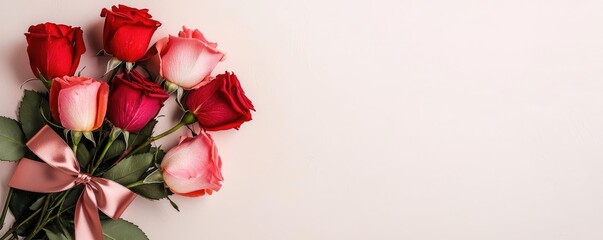 Poster - Valentine love concept. A beautiful arrangement of colorful roses with a delicate ribbon on a soft background.