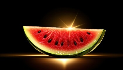 Wall Mural - A glistening slice of watermelon glows brightly against a dark background