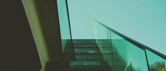 Poster - Geometric glass tiles create a smooth surface staircase leading to a bright space