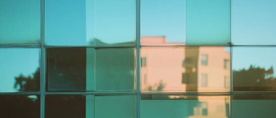 Poster - Unique textures and reflections of glass windows in varied shapes at sunset