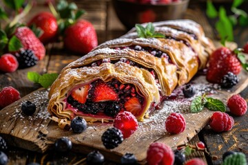 Wall Mural - Flawless Image of Freshly Baked Berry Strudel on Rustic Wood Table