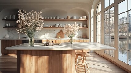 Poster - Minimalist small kitchen, bright and airy, natural wood elements, muted pastel spring ornaments.