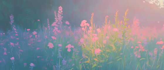 Poster - Sunrise illuminating a vibrant field of wildflowers filled with warm hues and soft light