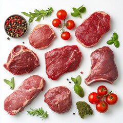 Sticker - Assorted raw beef steaks, herbs, and cherry tomatoes on white background.