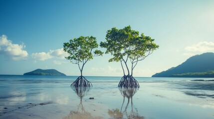 Poster - A serene coastal view of mangrove trees standing tall in shallow water, with a backdrop of distant hills and a clear blue sky, showcasing nature's beauty