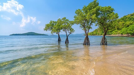 Poster - A serene coastal view of mangrove trees standing tall in shallow water, with a backdrop of distant hills and a clear blue sky, showcasing nature's beauty