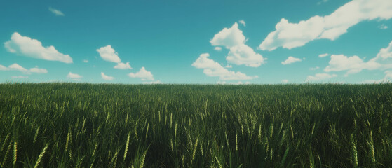Poster - Vast green fields under a bright blue sky with fluffy white clouds