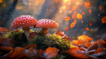 Poster - A serene image of wild mushrooms growing naturally in a lush forest, surrounded by green moss and fallen leaves, capturing the beauty of nature's hidden gems.